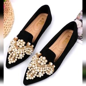 Luxurious Mary Jane Black Suede Flats. Exquisitely,  Embleshed with Pearl's. BLK